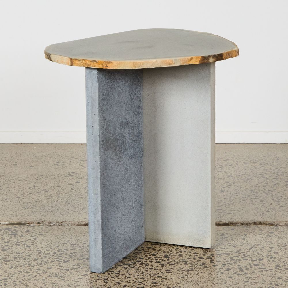 OxMont's Bluestone side table with an organic natural stone top on a two-tone concrete base