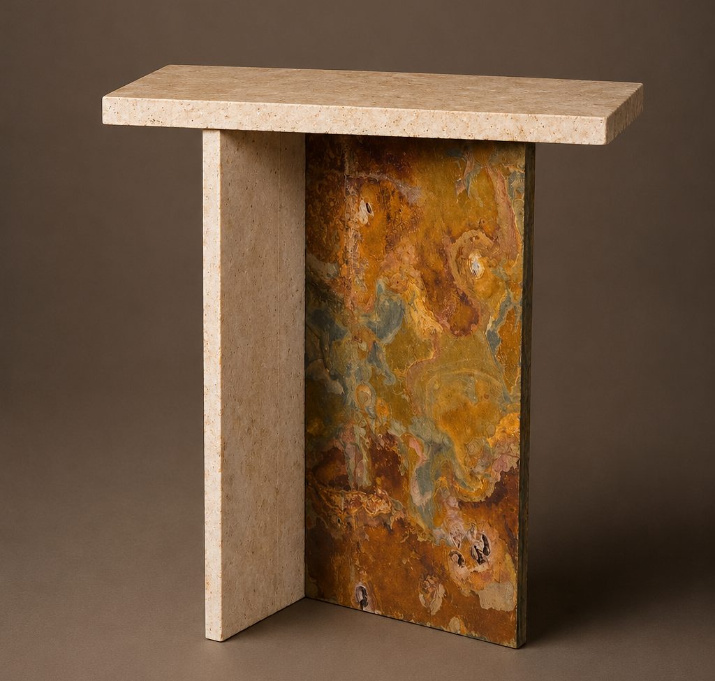 OxMont's Euro Asia side table with a travertine top and peacock slate leg
